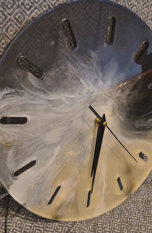 Handmade Resin Wall Clock – Elegant Black, White, and Gold Design